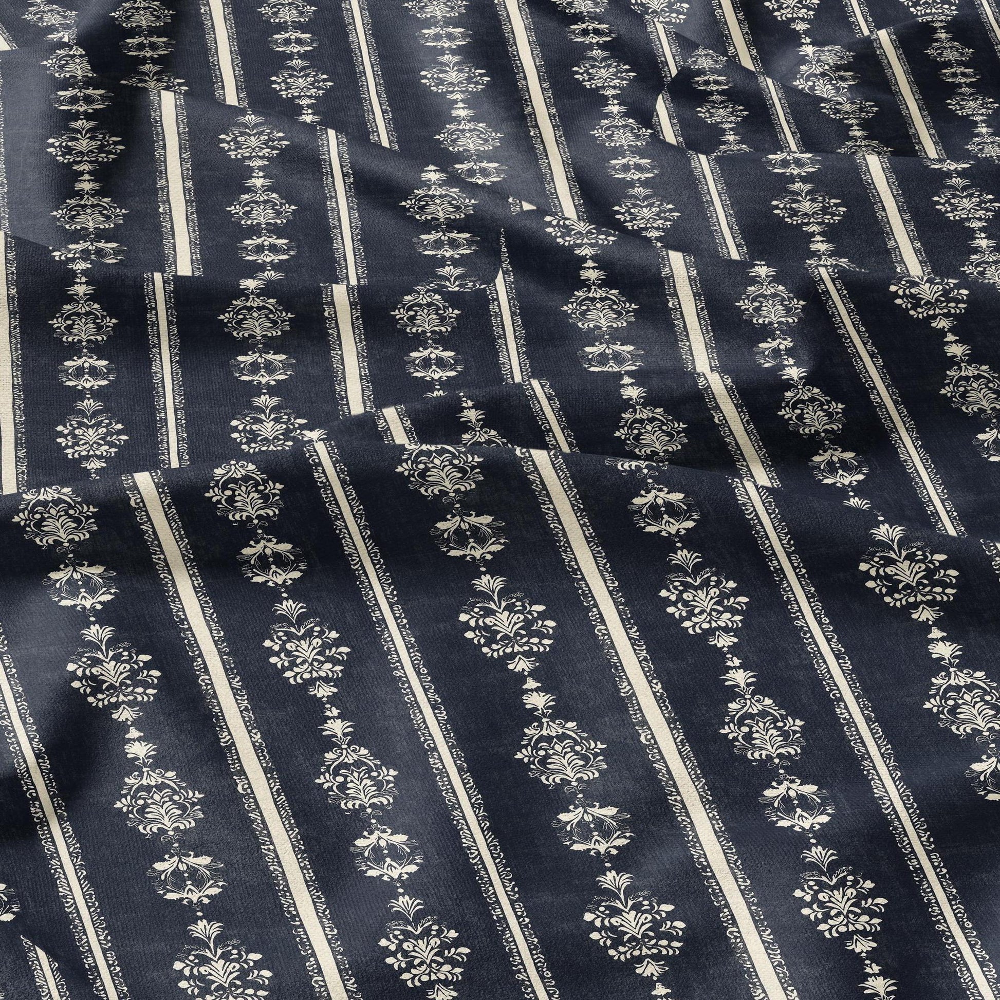 100% LINEN Fabric Indigo blue stripe block - tribal print on linen print upholstery curtains dress making