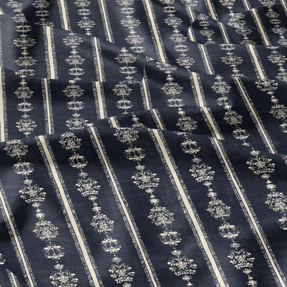 100% LINEN Fabric Indigo blue stripe block - tribal print on linen print upholstery curtains dress making