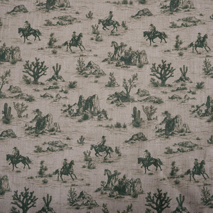100% LINEN Fabric Toile de Jouy Cowboy in desert Countryside - oatmeal linen fabric with green print upholstery home decor curtains