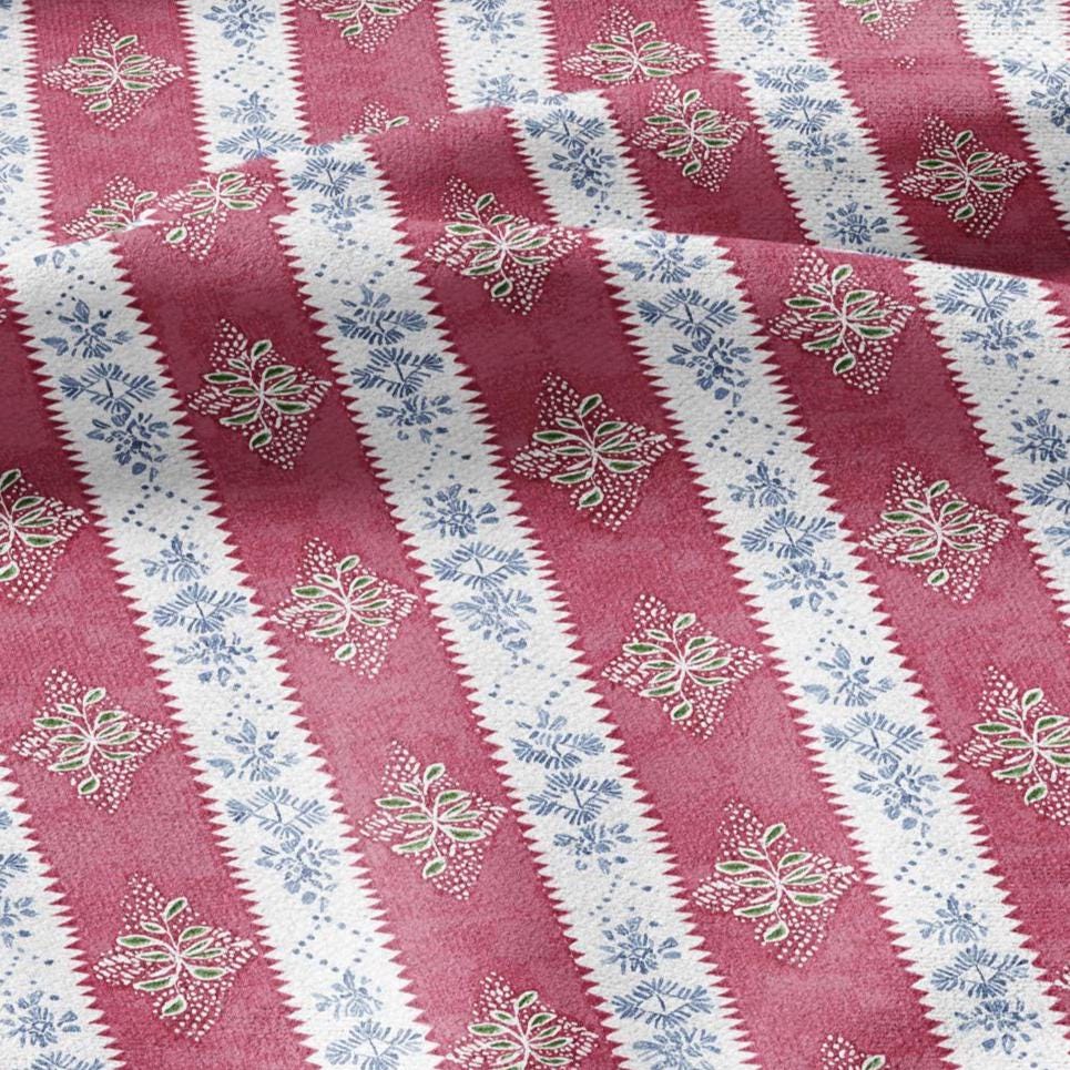 100% LINEN Fabric floral stripe print - pink blue white block print linen heavy for upholstery home decor - medium for dress making 3095