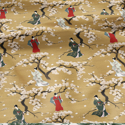 100% LINEN Fabric oriental print with geisha in cherry blossom -  botanical  heavy linen fabric for upholstery home decor 2770