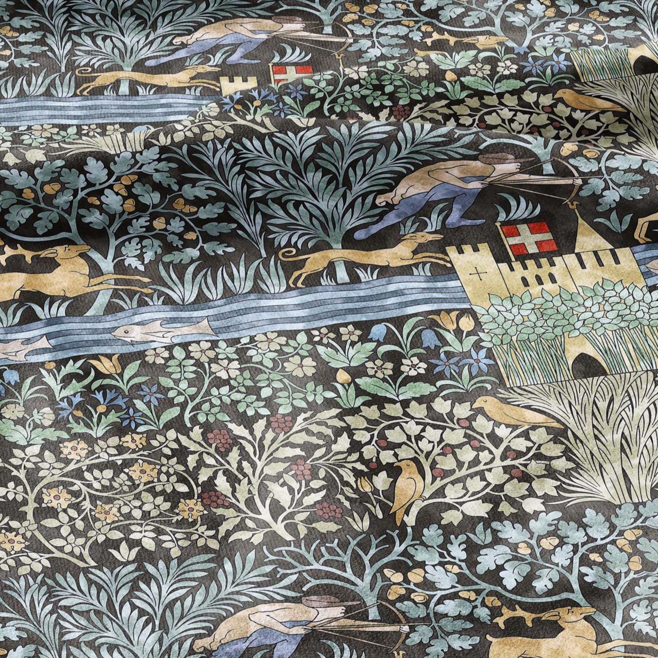 100% linen fabric - Huntsman by Voysey - Victorian Art crafts - Historical pattern home decor dress making 2992