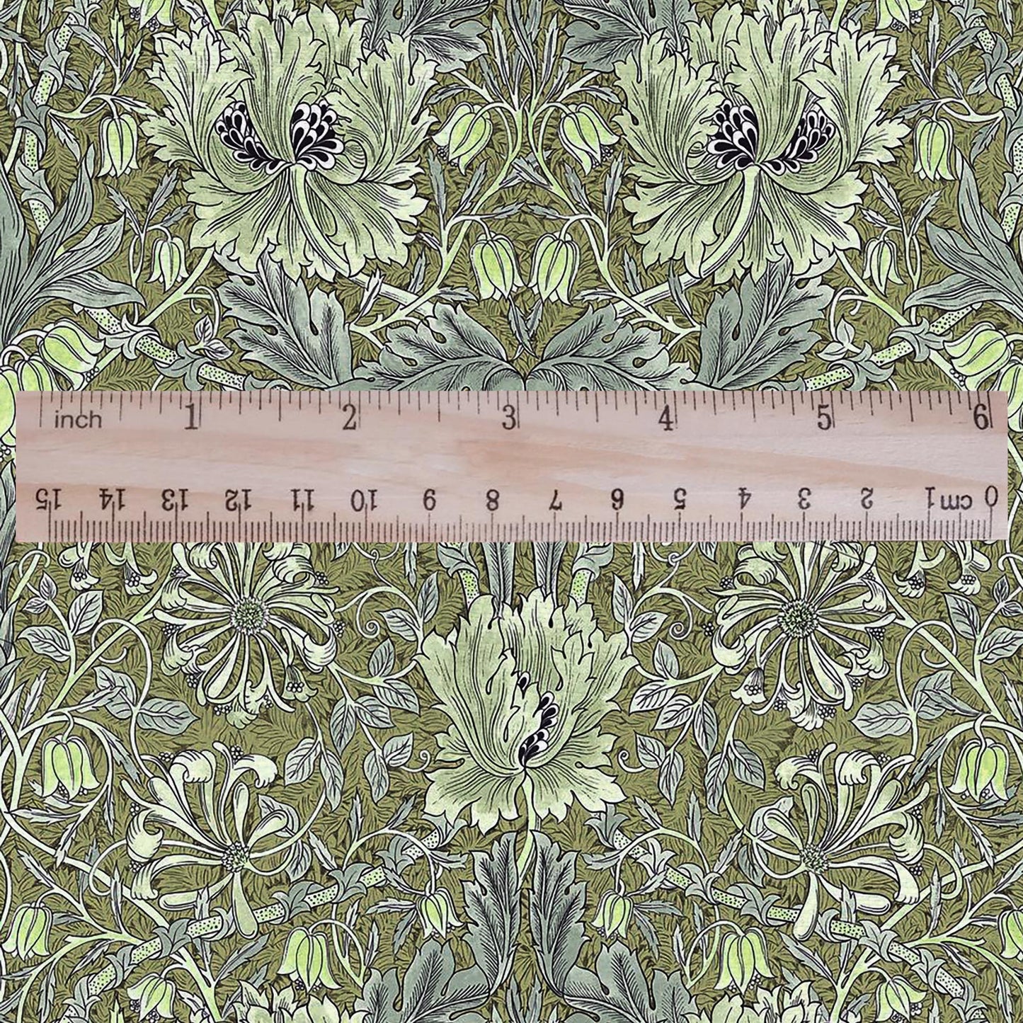 100% linen fabric William Morris Honeysuckle green print - Victorian Art crafts Historical pattern fabric upholstery dress making 3286