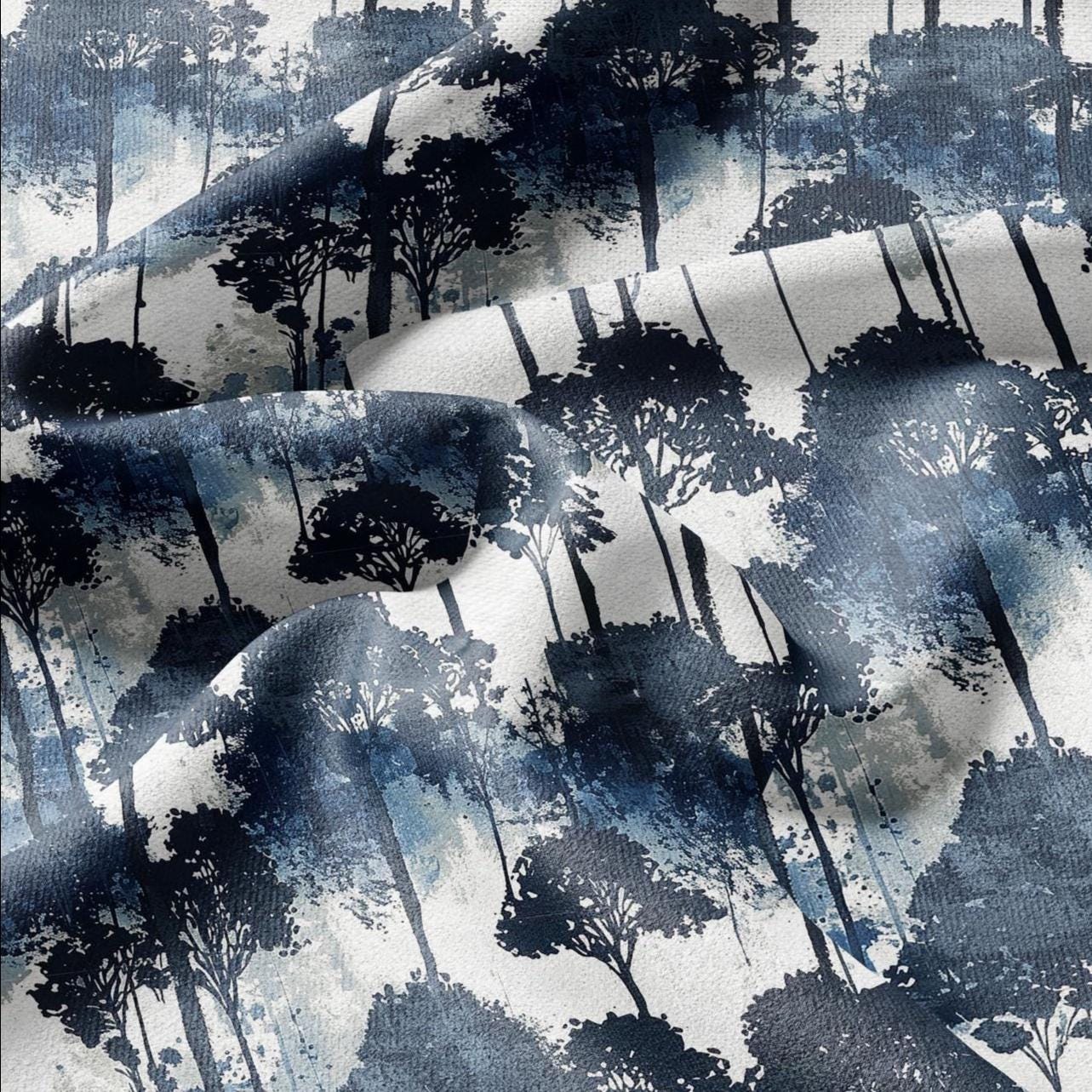 100% LINEN Fabric indigo blue forest linen - tree print fabric for upholstery home decor dress making 2401