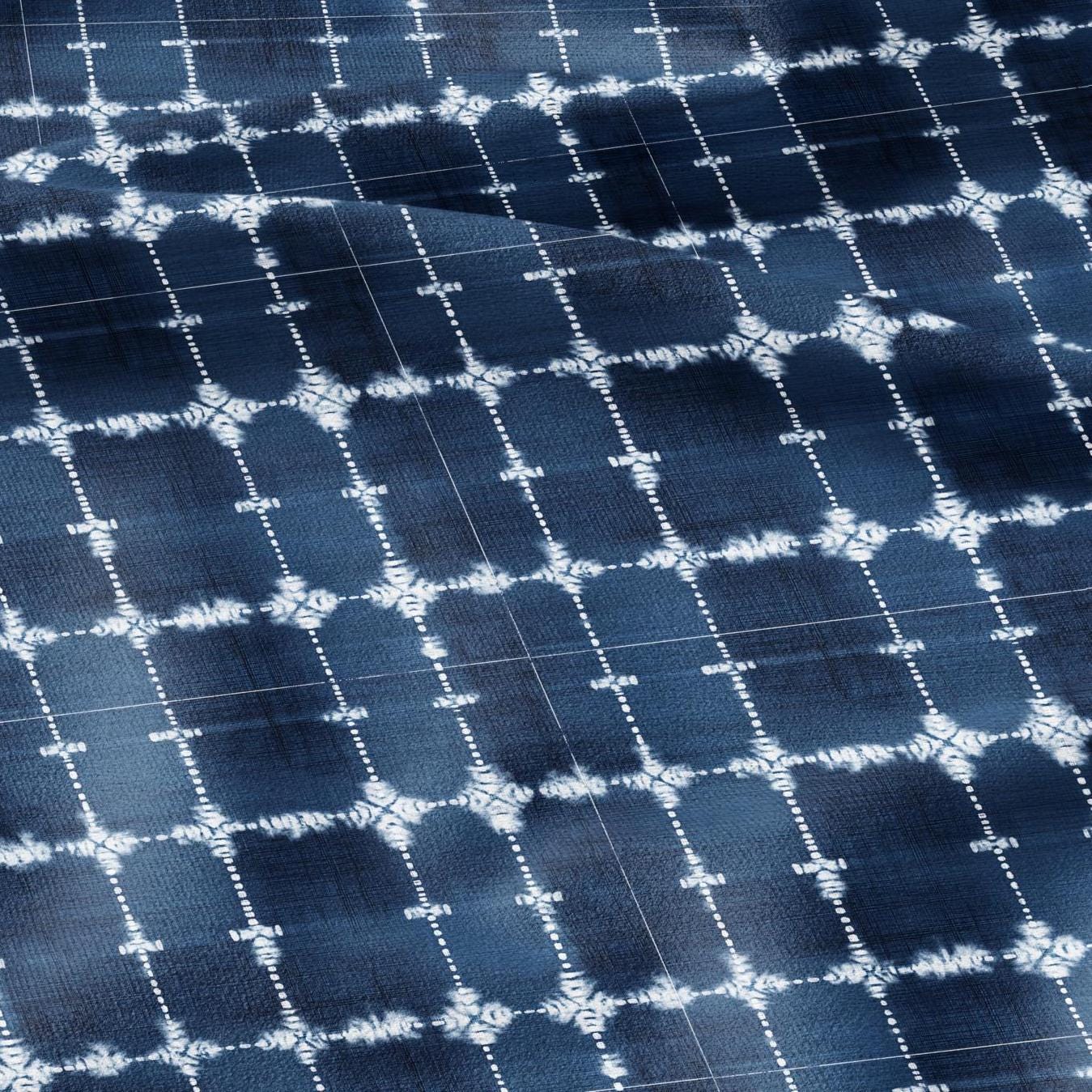 100% LINEN Fabric indigo blue print - Shibori abstract squares - upholstery curtains dress making 2982