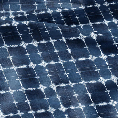 100% LINEN Fabric indigo blue print - Shibori abstract squares - upholstery curtains dress making 2982