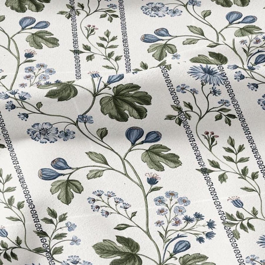 100% LINEN Fabric with floral field print - botanical preppy stripe print - linen fabric upholstery home decor dressmaking 3746