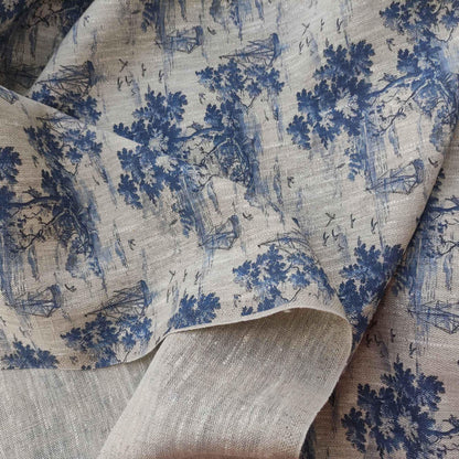 100% LINEN Fabric Toile de Jouy with ship and island print, oatmeal natur linen  with blue indigo coastal print, linen fabric home decor
