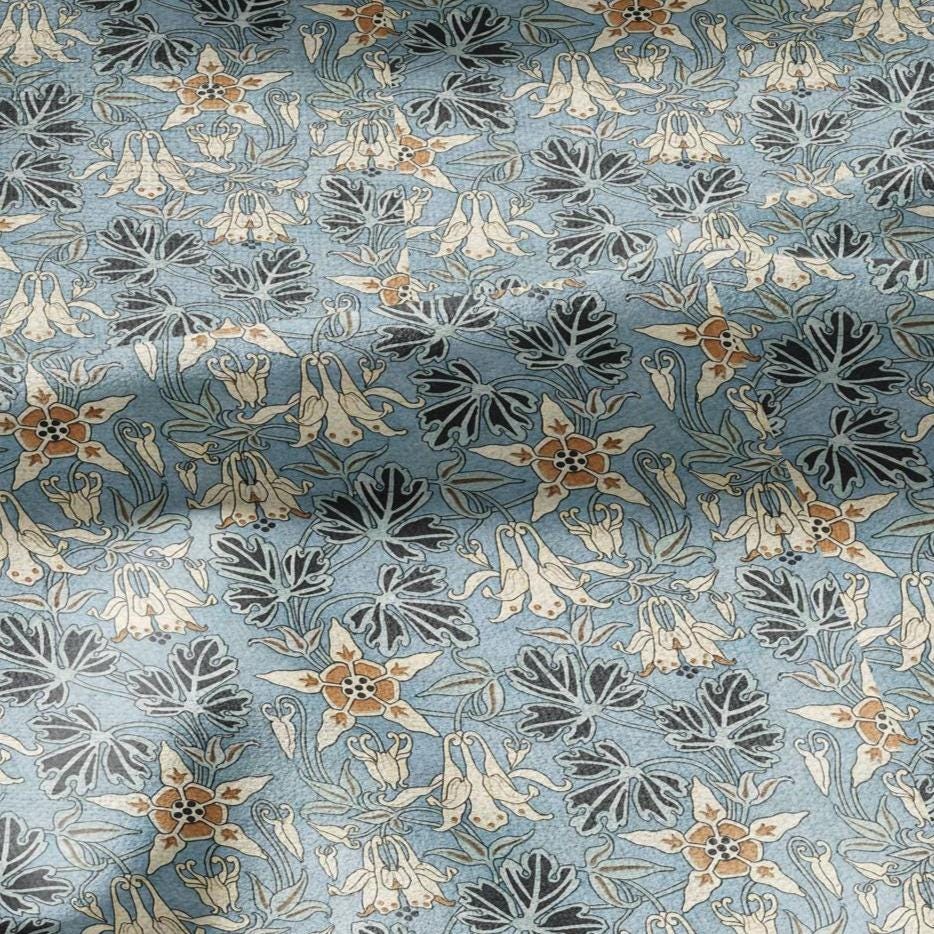 100% linen Columbine prints fabric for Curtain Upholstery Cushion - Art deco blue flower print fabric for dress making sewing