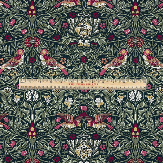 100% LINEN Fabric UPHOLSTERY 12oz - William Morris Birds colorful red green print on linen - Victorian art craft - floral upholstery 2115GP