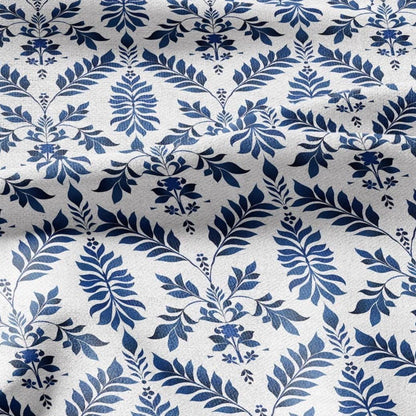 100% LINEN Fabric Abstract floral blue white print - botanical upholstery home textile artisan fabric 3138