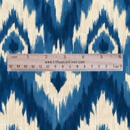 100% LINEN Fabric Abstract Ikat ethno print - Modern Blue beige - for upholstery home decor curtains pillows sewign dress 2980
