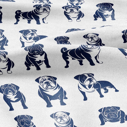 100% LINEN Fabric Block print Bulldog - animal dog upholstery home textile artisan fabrics navy blue white 2366