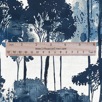 100% LINEN Fabric indigo blue forest linen - tree print fabric for upholstery home decor dress making 2401
