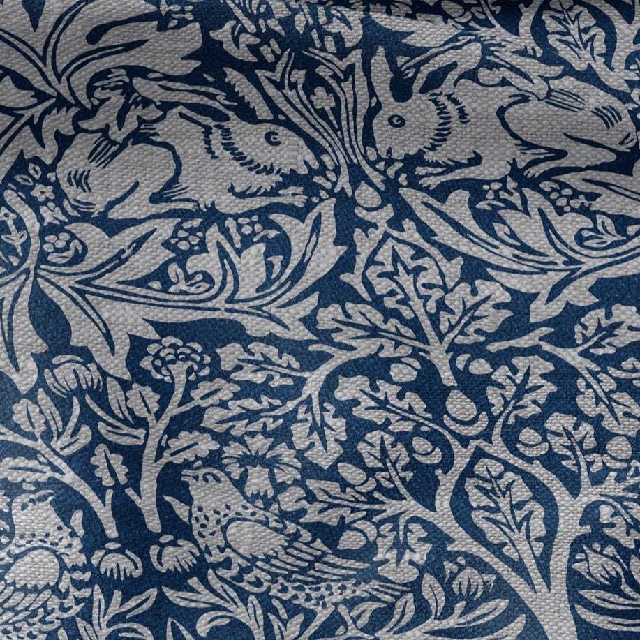 100% LINEN Fabric William Morris Brer Rabbit blue gray - oatmeal linen fabric with botanical print - Victorian Art Craft Historical 3164