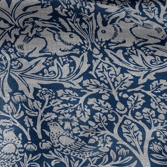 100% LINEN Fabric William Morris Brer Rabbit blue gray - oatmeal linen fabric with botanical print - Victorian Art Craft Historical 3164