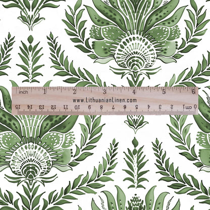 100% LINEN Fabric green French floral print - flowers block print - for upholstery home decor - medium for dress making 305G