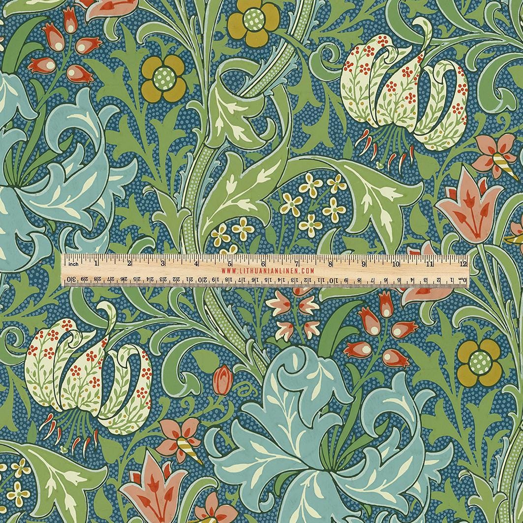 100% LINEN Fabric UPHOLSTERY 12oz - William Morris Golden lily green print on linen - Victorian art craft - floral upholstery 2052L