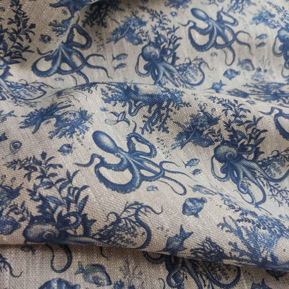 100% LINEN Fabric toile de jouy OCTOPUS Nautical print, oatmeal natur linen fabric with blue coastal print for upholstery home decor