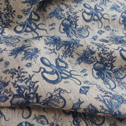 100% LINEN Fabric toile de jouy OCTOPUS Nautical print, oatmeal natur linen fabric with blue coastal print for upholstery home decor