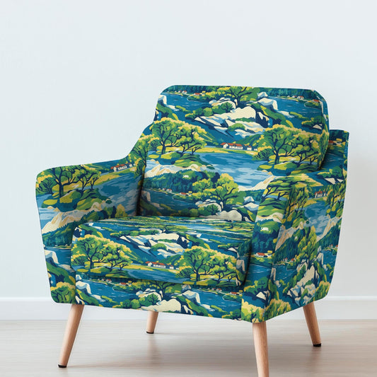 100% LINEN Fabric UPHOLSTERY 12oz - Swedish Archipelago blue green print on linen - Island scenery landscape upholstery 2082