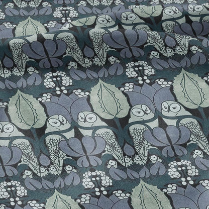 Owl Voysey blue print on 100% LINEN - Victorian Art crafts linen Fabric - botanical Historical upholstery home textile