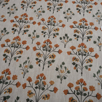 100% LINEN Fabric block print on oatmeal natur linen fabric with yellow floral print, heavy linen fabric for upholstery home decor