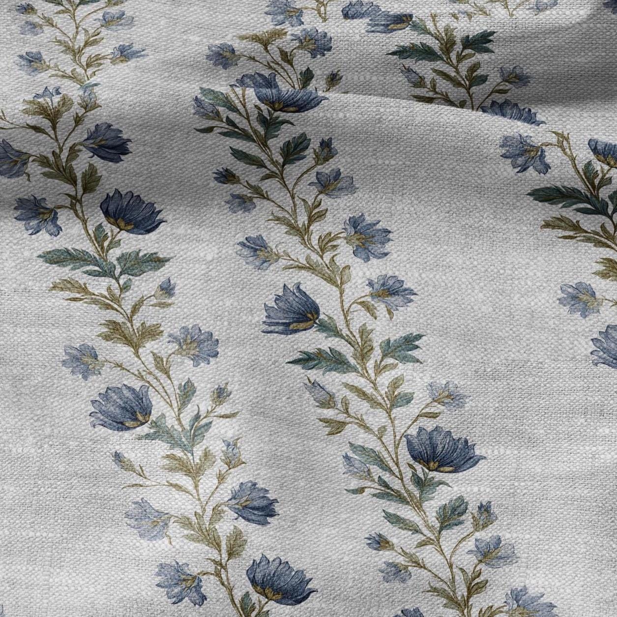 100% LINEN Fabric block print stripe floral blue green on grey - oatmeal linen fabric with botanical print for upholstery home decor 2915