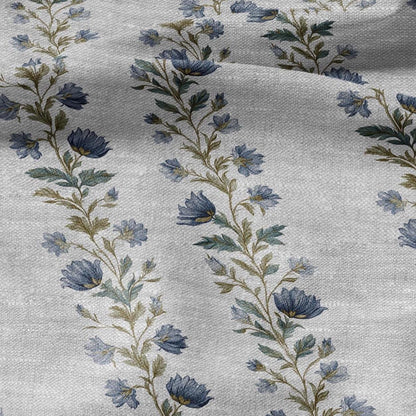 100% LINEN Fabric block print stripe floral blue green on grey - oatmeal linen fabric with botanical print for upholstery home decor 2915