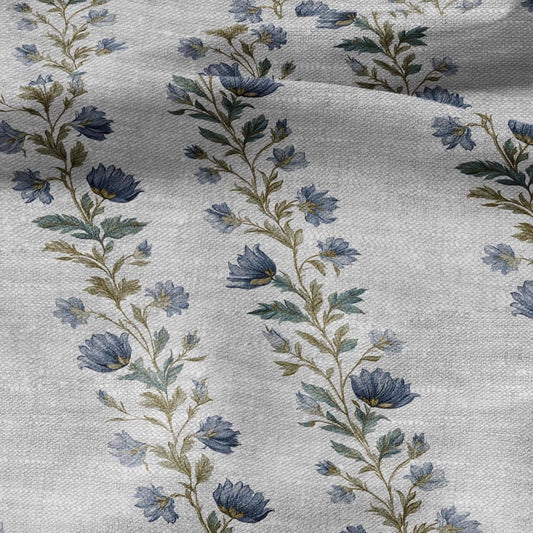 100% LINEN Fabric block print stripe floral blue green on grey - oatmeal linen fabric with botanical print for upholstery home decor 2915