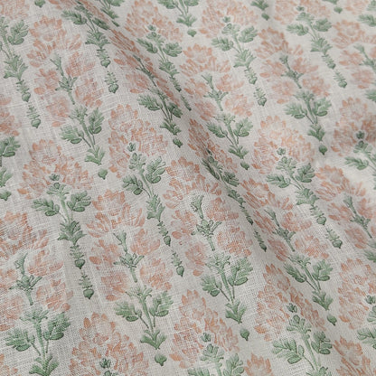 100% LINEN Fabric floral - Pastel Botanical block print fabric large flowers pink blue green for upholstery curtains home textile 2572