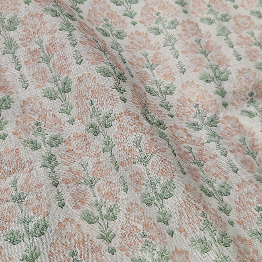 100% LINEN Fabric floral - Pastel Botanical block print fabric large flowers pink blue green for upholstery curtains home textile 2572