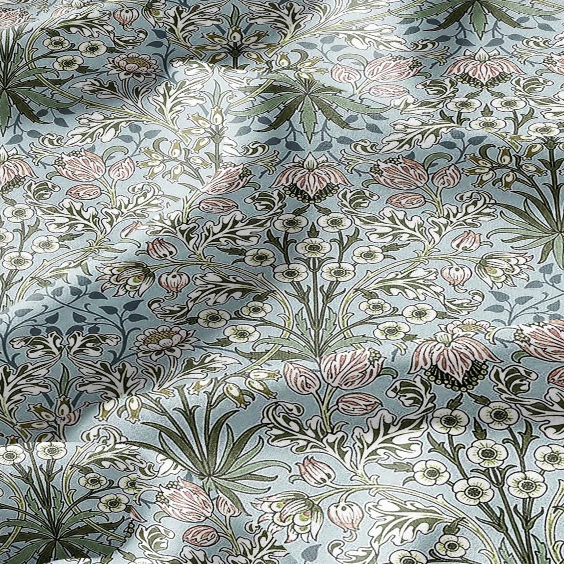 100% LINEN Fabric William Morris Hyacinth pale green print - British linen floral upholstery home textile Victorian fabrics 3261