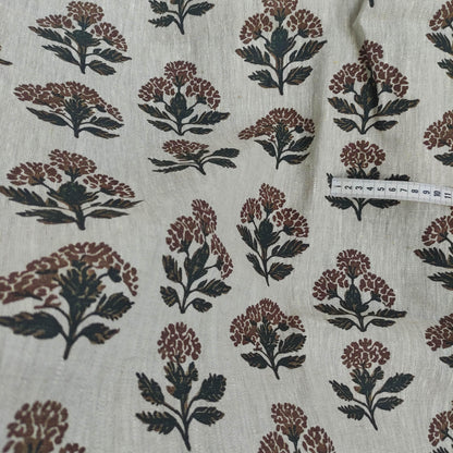 100% LINEN Fabric hand block print flowers - oatmeal linen fabric with black brown print Achillea - fabric for home decor upholstery