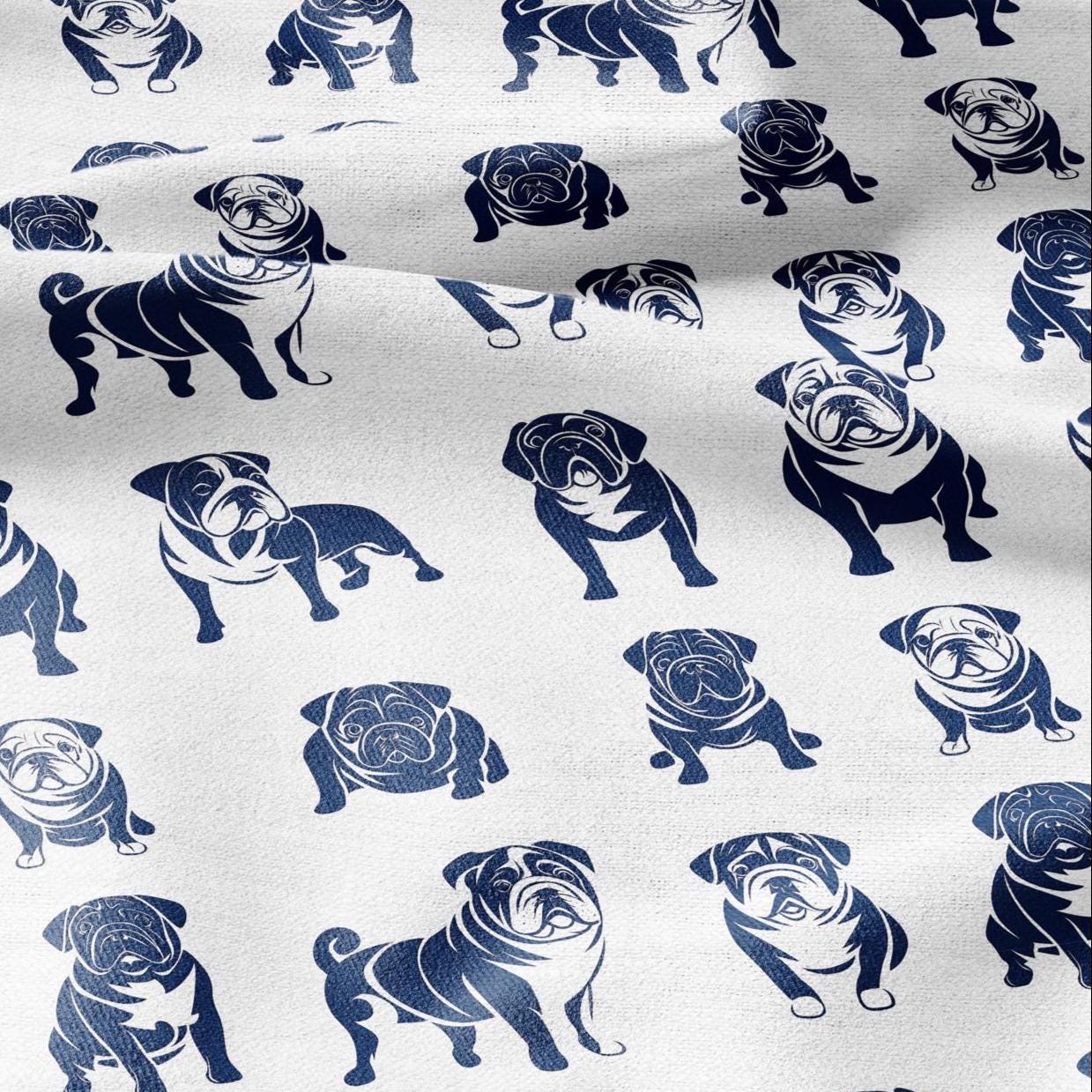 100% LINEN Fabric Block print Bulldog - animal dog upholstery home textile artisan fabrics navy blue white 2366