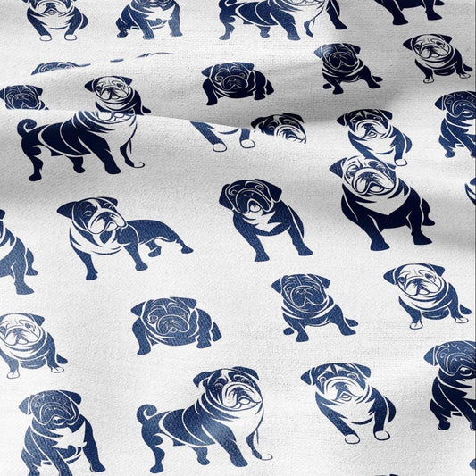 100% LINEN Fabric Block print Bulldog - animal dog upholstery home textile artisan fabrics navy blue white 2366