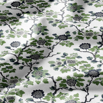 100% LINEN Fabric Leaves tree green print - Mid-century modern botanical stripe upholstery home textile artisan green white 2918