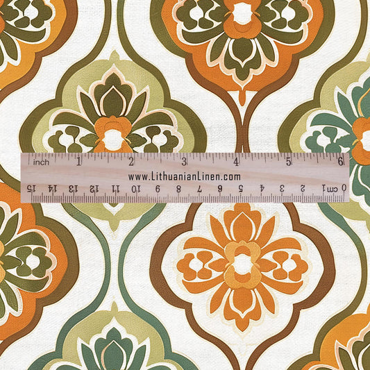 100% LINEN Fabric Vintage print - orange green white Retro block print - upholstery home decor clothing sewing 2868
