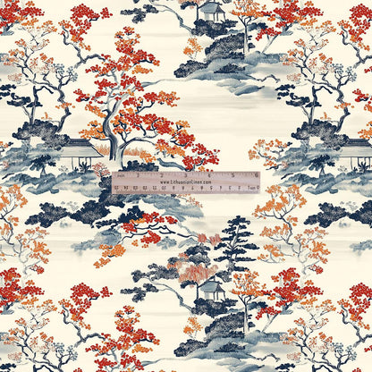 100% LINEN Fabric UPHOLSTERY 12oz - Autumn in Japan print on linen - Oriental scenery landscape - floral upholstery 357