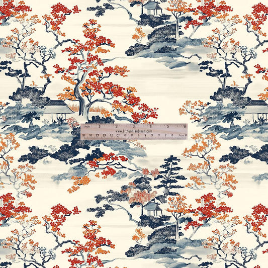 100% LINEN Fabric UPHOLSTERY 12oz - Autumn in Japan print on linen - Oriental scenery landscape - floral upholstery 357