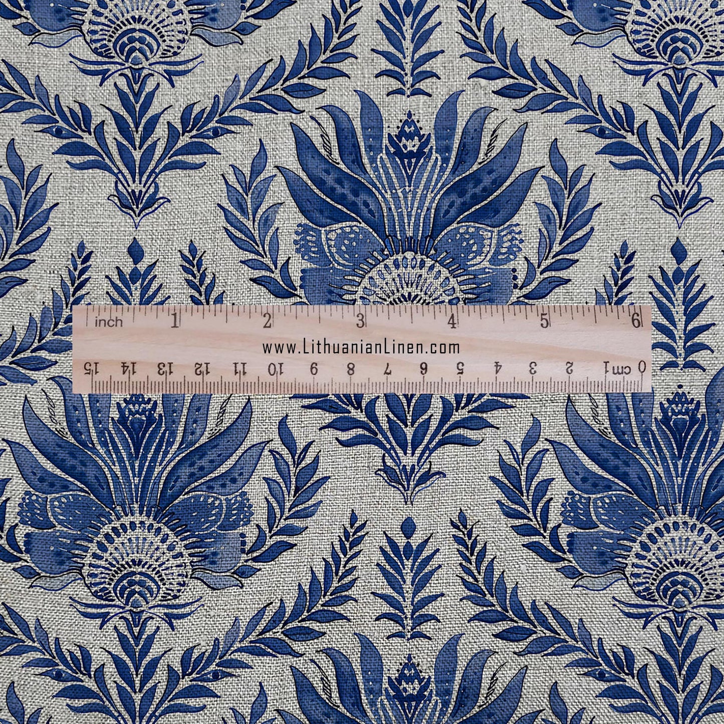 100% LINEN Fabric UPHOLSTERY 12oz - French block print blue on oatmeal linen - Modern vintage floral upholstery 305
