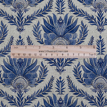 100% LINEN Fabric UPHOLSTERY 12oz - French block print blue on oatmeal linen - Modern vintage floral upholstery 305