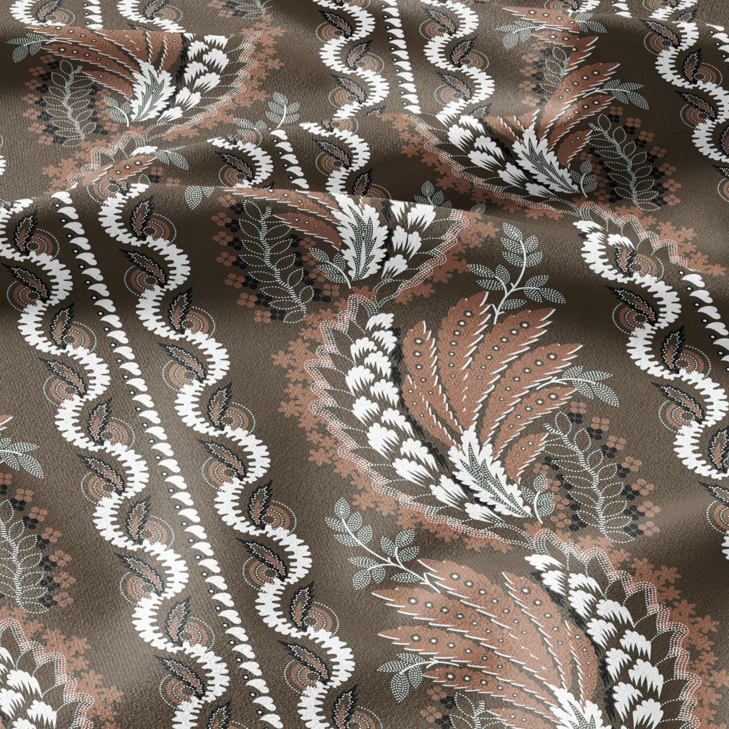 100% LINEN Fabric Vintage floral squilr stripe print - Modern botanical - Victorian Art Craft brown 3165
