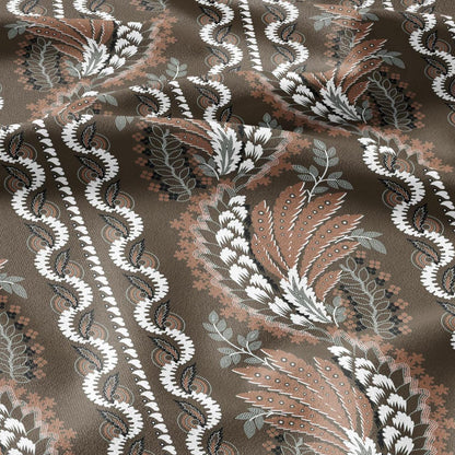 100% LINEN Fabric Vintage floral squilr stripe print - Modern botanical - Victorian Art Craft brown 3165