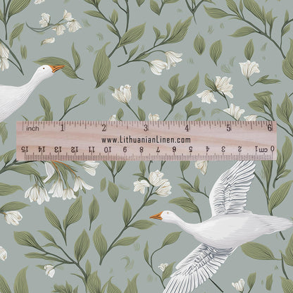 100% LINEN Fabric white goose print - animal linen fabric with bird print for upholstery home decor curtains pillowcases dress making 2973