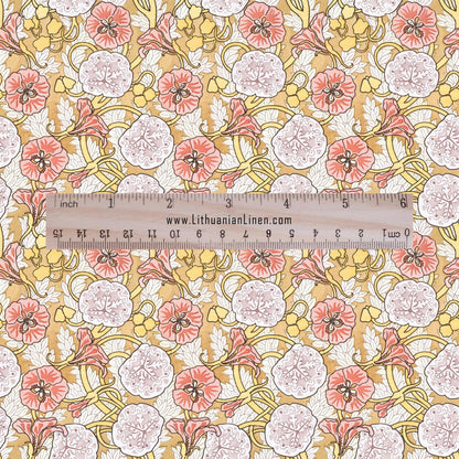 100% linen Capucine prints fabric for Curtain Upholstery Cushion - Indian cress flower print fabric for dress making sewing