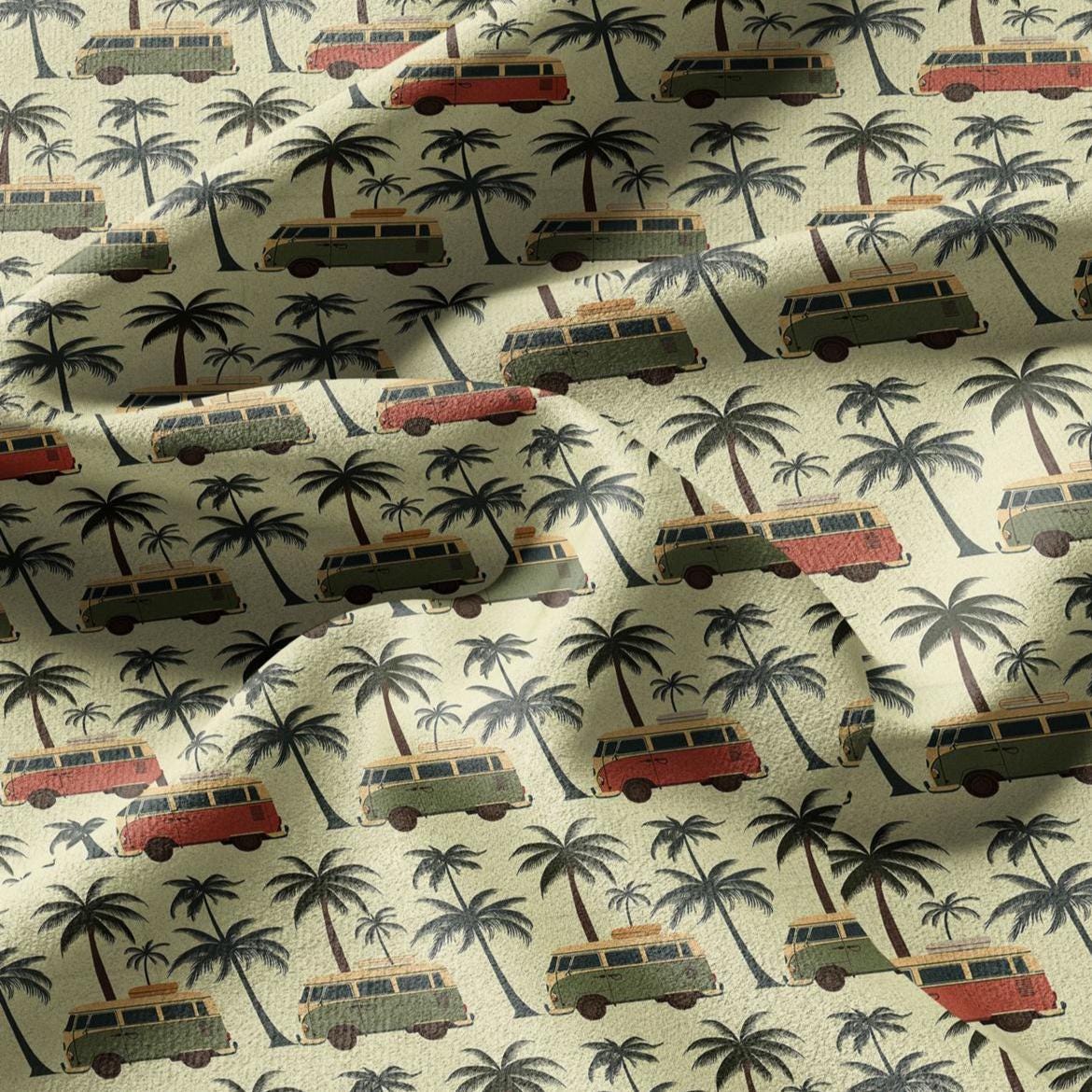 100% linen fabric California Dreaming print - Camper Vans Retro Lifestyle pattern  - Tropical Road Trip Palm tree Summer Vibes 3485