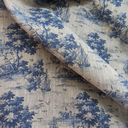100% LINEN Fabric Toile de Jouy with ship and island print, oatmeal natur linen  with blue indigo coastal print, linen fabric home decor