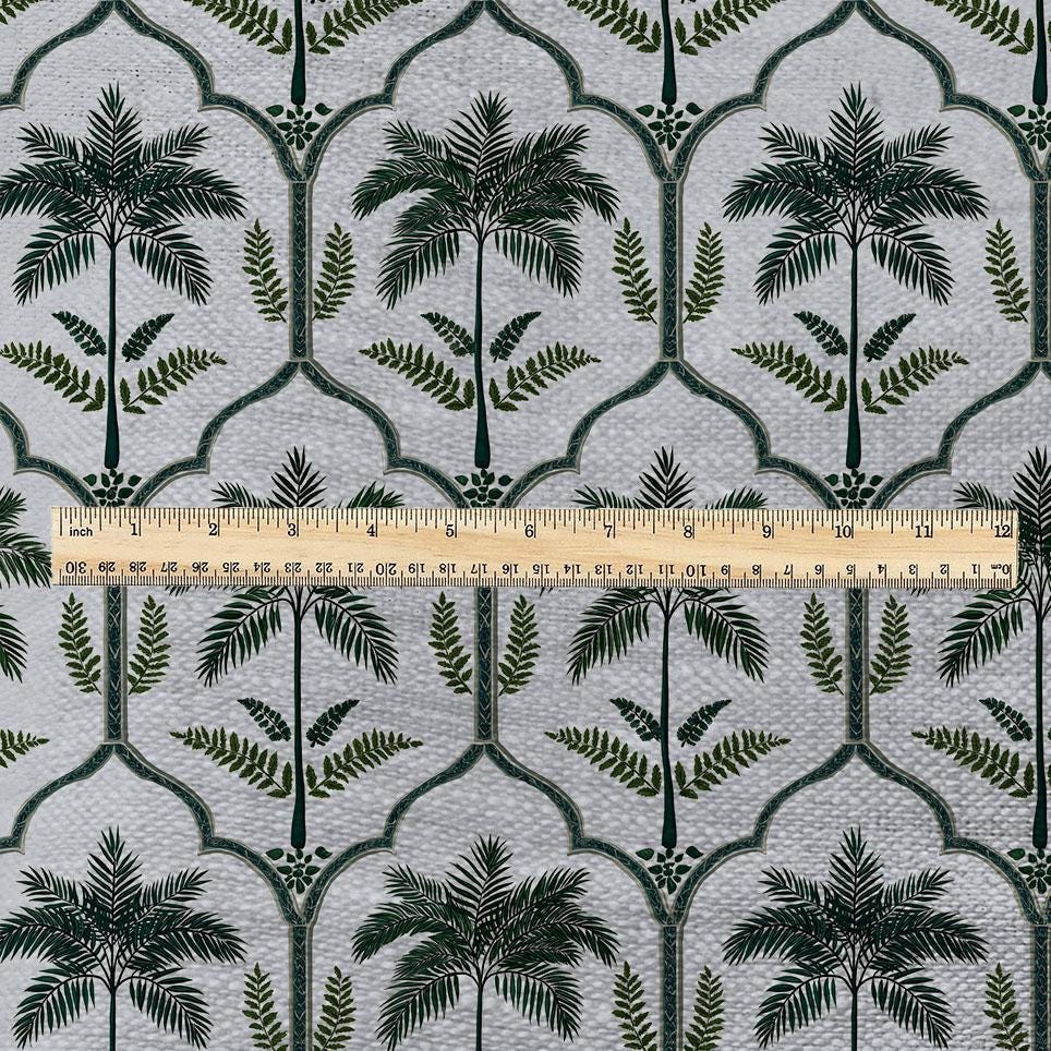 100% LINEN Fabric  Deco Palm green print - oatmeal linen fabric with botanical print - heavy for home decor clothing 3347