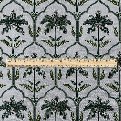 100% LINEN Fabric  Deco Palm green print - oatmeal linen fabric with botanical print - heavy for home decor clothing 3347